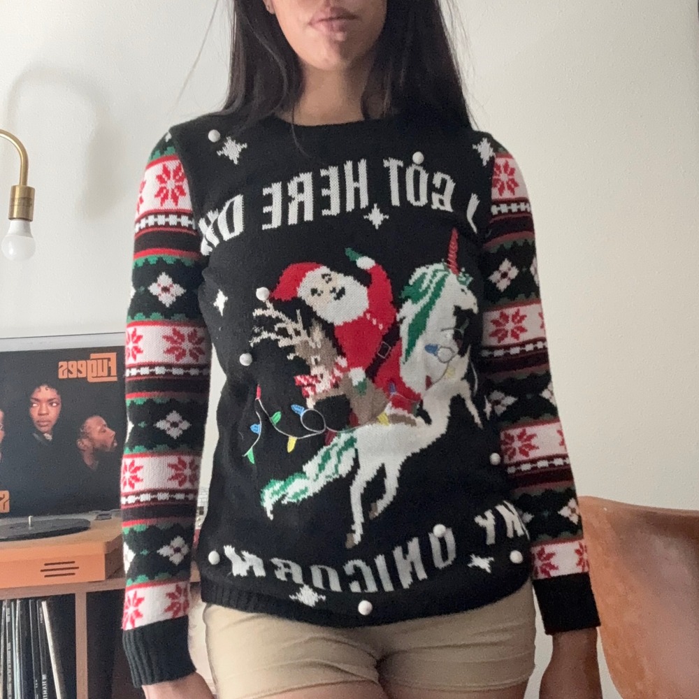 No Boundaries Black Santa Riding Unicorn Ugly Christmas Sweater Pom Poms Medium